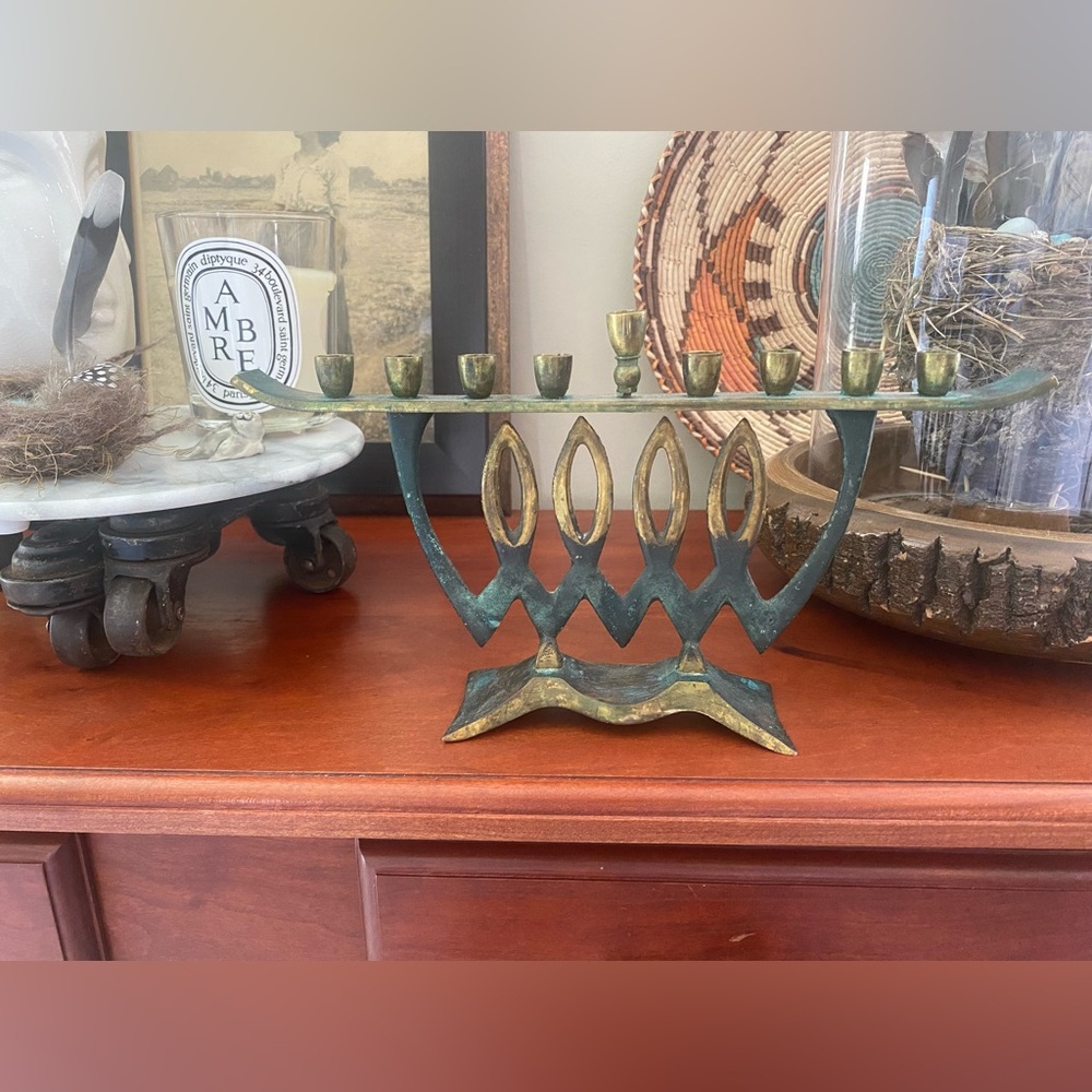 Brass Patina Menorah Candlestick Holder